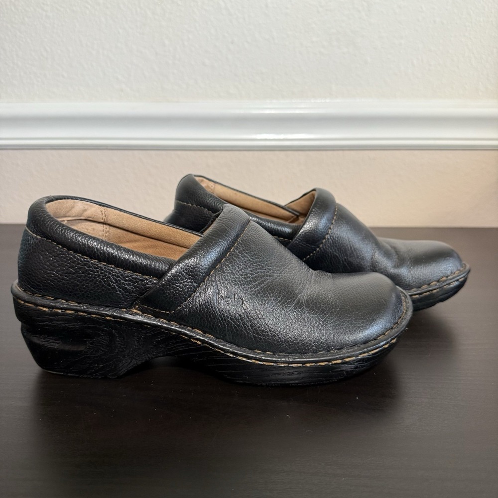 Bolo Born Concepts Womens‎ 8.5 Slip On Black Leather Wedge Clogs Andria Comfort